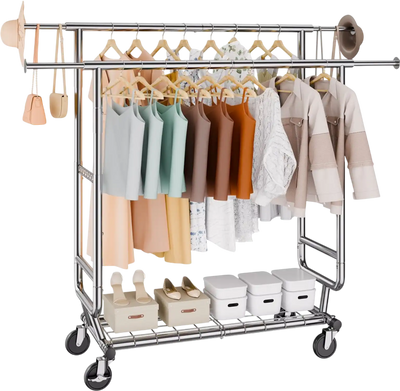 Vevor Clothes Rack Heavy-Duty Double Hanging Rod Adjustable Extendable Garment Rack New