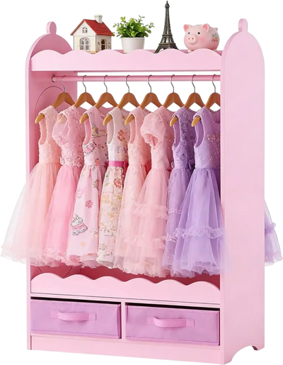 Vevor Dress Up Storage Kids Wardrobe with Mirror and Drawer Pink New