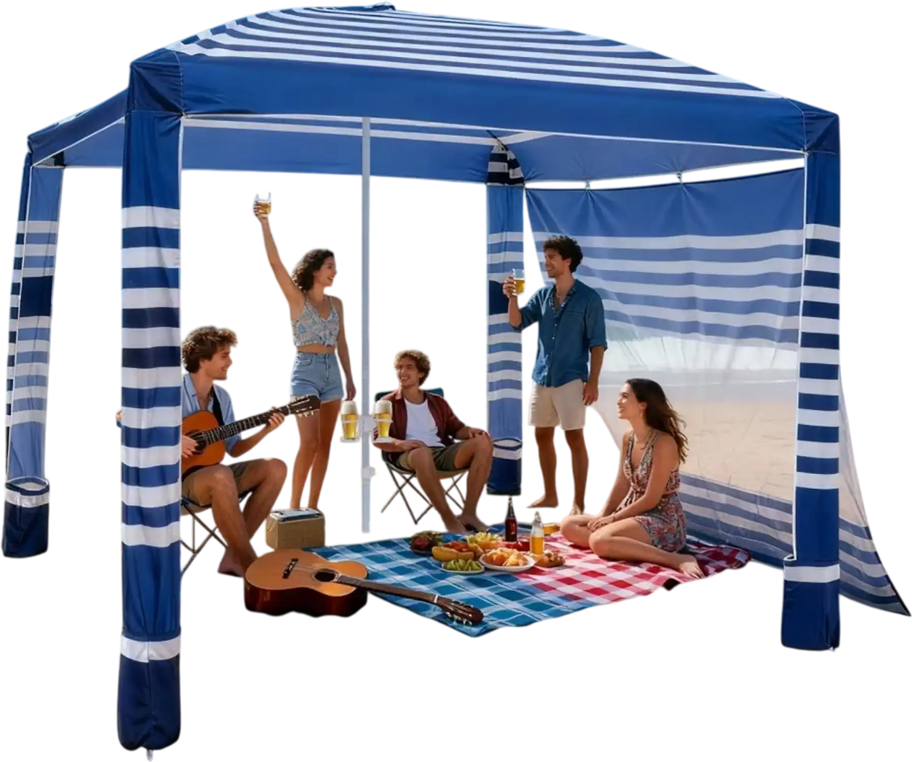 Vevor Beach Cabana 8' x 8' Canopy Tent with Side Wall UPF 50+ Navy Stripes New