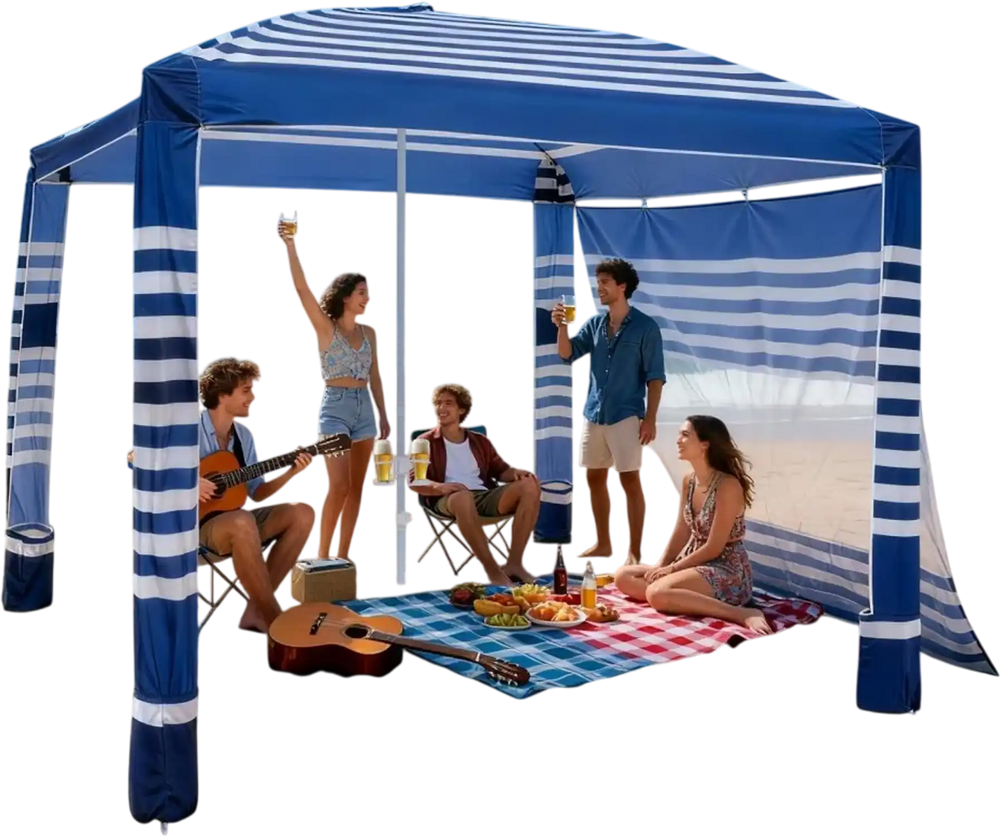 VEVOR Beach Cabana, 8 x 8 ft Beach Canopy with Side Wall, UPF 50+ Protection Easy Setup Cabana Tent with Sand Pockets, Adjustable Height Portable Shade Sun Shelter Umbrella for Family, Navy Stripes