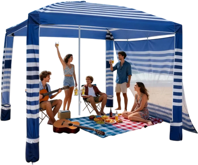 Vevor Beach Cabana 8' x 8' Canopy Tent with Side Wall UPF 50+ Navy Stripes New