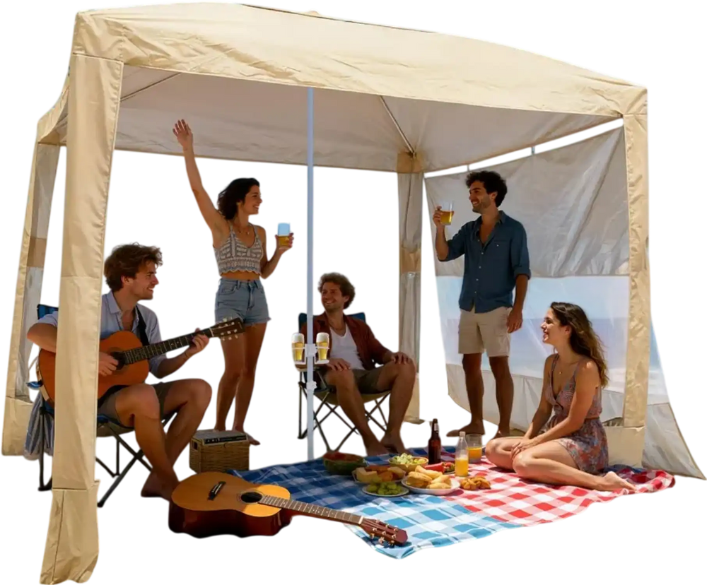 VEVOR Beach Cabana, 8 x 8 ft Beach Canopy with Side Wall, UPF 50+ Protection Easy Setup Cabana Tent with Sand Pockets, Adjustable Height Portable Shade Sun Shelter Umbrella for Family & Friends, Khaki