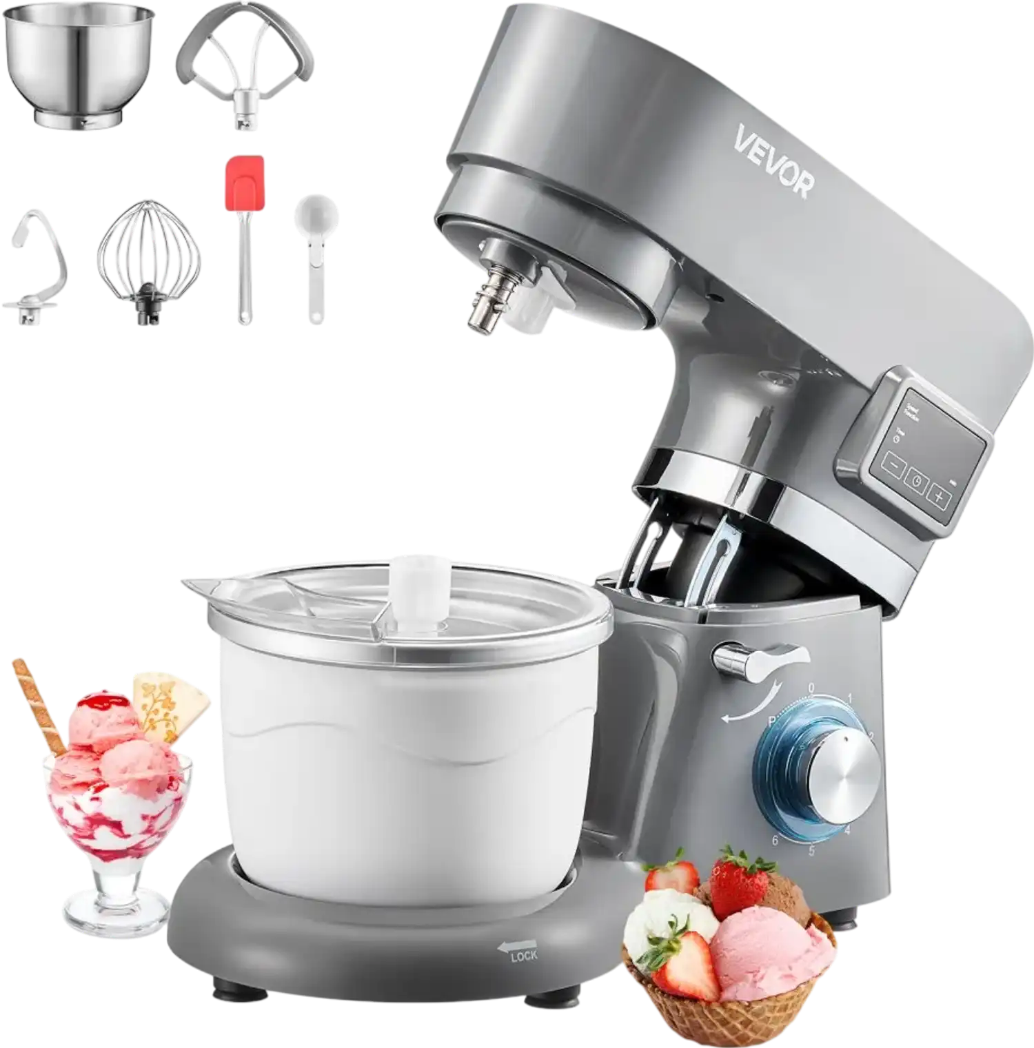 Vevor Ice Cream Maker 1.8 Qt 6-Speed Electric Stand Mixer with LED Display Timer Grey New