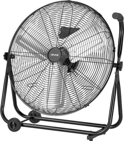 VEVOR Industrial Shop Fan, 24 Inch Floor Drum Fan, High Velocity 7500 CFM, Heavy Duty Aluminum Blades, 3 Speeds, 360 Degree Tilt, Ideal for Commercial, Garage, Warehouse, Basement, Workshop, Black