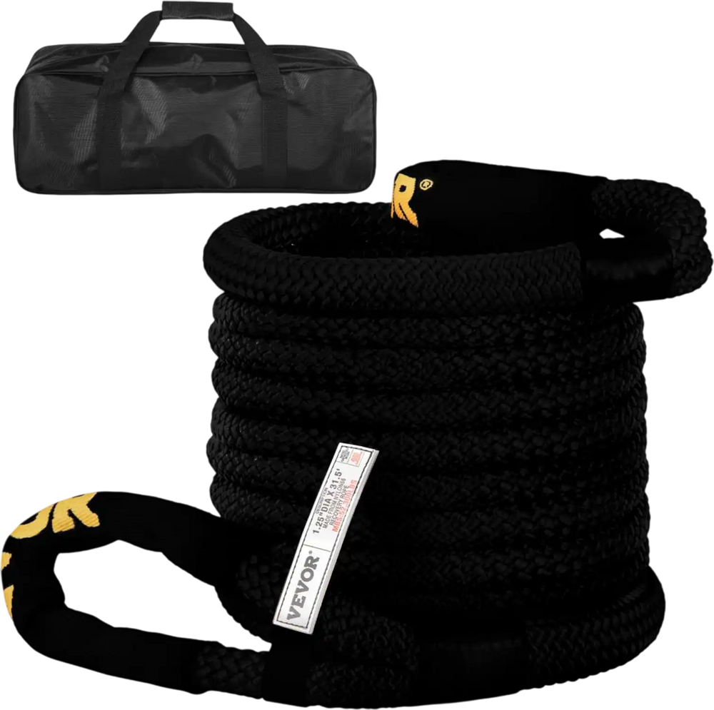VEVOR 1-1/4\" x 31.5\' Kinetic Recovery & Tow Rope, 52,300 lbs, Heavy Duty Nylon Double Braided Kinetic Energy Rope, for Truck Off-Road Vehicle ATV UTV, Carry Bag Included, Black