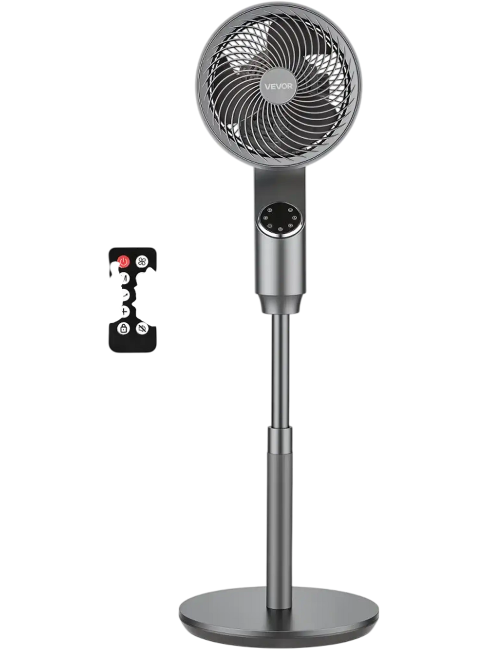 VEVOR 9-Inch Pedestal Fan, 80° Oscillating Standing Floor Fan with Quite DC Motor, Remote Control, 9 Speeds & 4 Smart Modes, 24H Timer, Adjustable Height, for Home, Bedroom, Living Room, Silver Gray