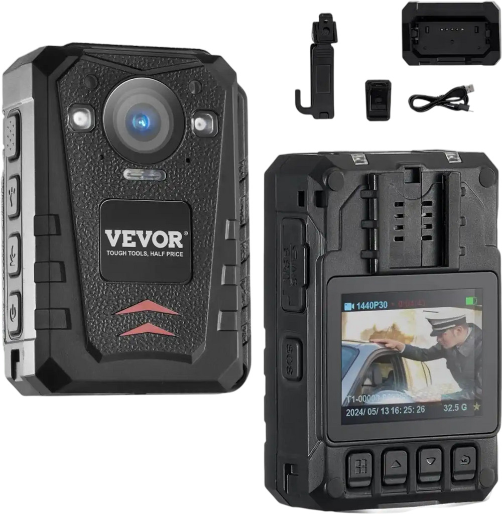 VEVOR 1440P HD Police Body Camera, 64GB Body Cam with Audio Video Recording Picture, Built-in 3500 mAh Battery, 2.0" LCD, Infrared Night Vision, Waterproof GPS Personal Body Cam for Law Enforcement