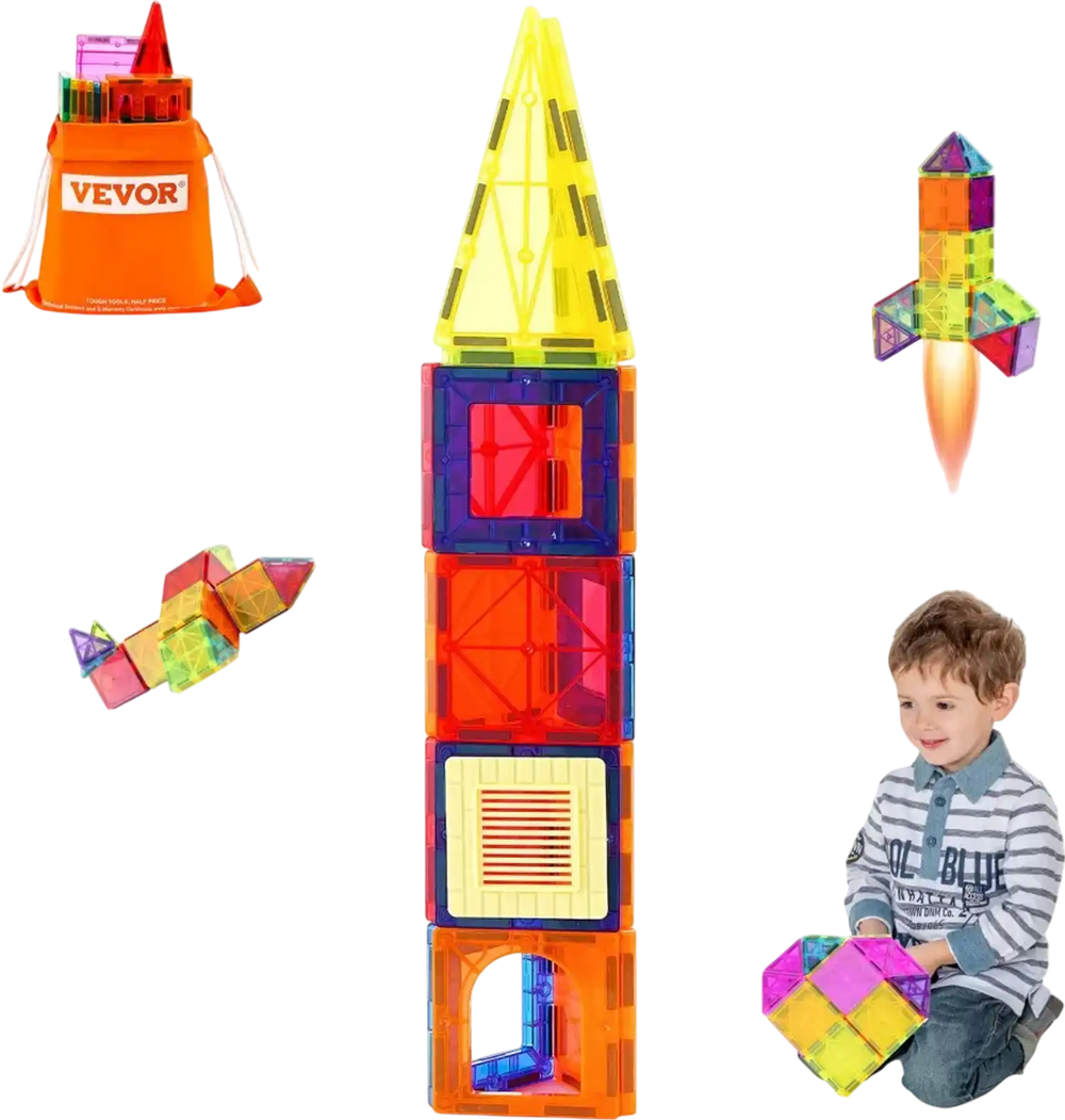 VEVOR Magnetic Tiles, 55 PCS Magnetic Building Blocks for Kids, Magnet Building Set with Car Base & 16 Digital Cards, STEM Educational Construction Stacking Toys Gift for Toddlers Boys Girls Aged 4+
