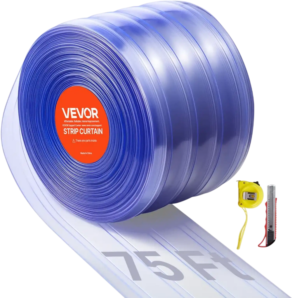 VEVOR Clear PVC Strip Curtain, 75 ft Length x 8 in Width, Ribbed Plastic Door Strip Bulk Roll, Walk in Freezer Cooler Curtain Strips for Doorways of Supermarket, Garage, Warehouse, Pet Animal House