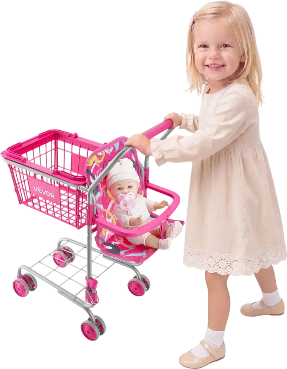 VEVOR Shopping Cart for Kids, Sturdy Metal Frame, Toy Shopping Cart with Baby Doll, 4 Rolling Wheels, Doll Seat Carrier, Grocery Pretend Play Toy Trolley, Folds for Easy Storage, for Toddlers Ages 3+