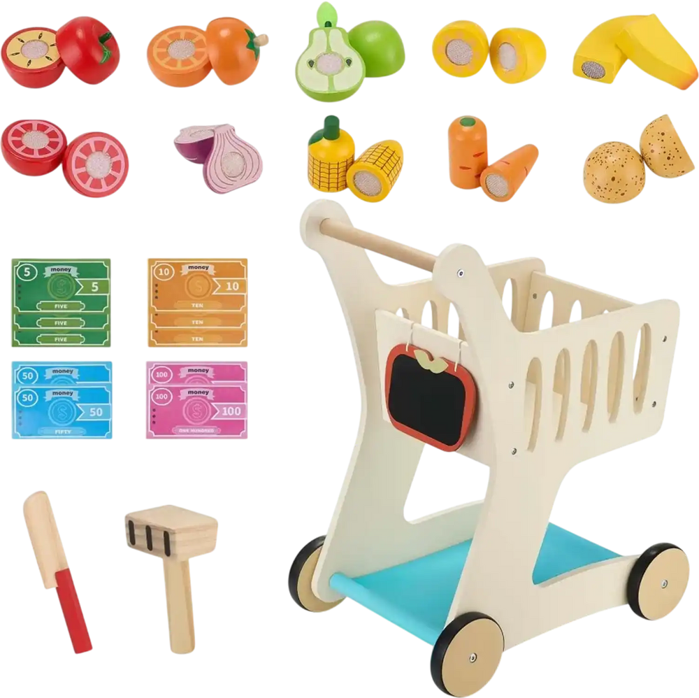 VEVOR Shopping Cart for Kids, Wooden, Toy Shopping Cart with Extra Storage, Realistic Play Food and Scanner, Grocery Store Pretend Play Toy Trolley, Baby Push Learning Walker, for Toddlers Ages 3+