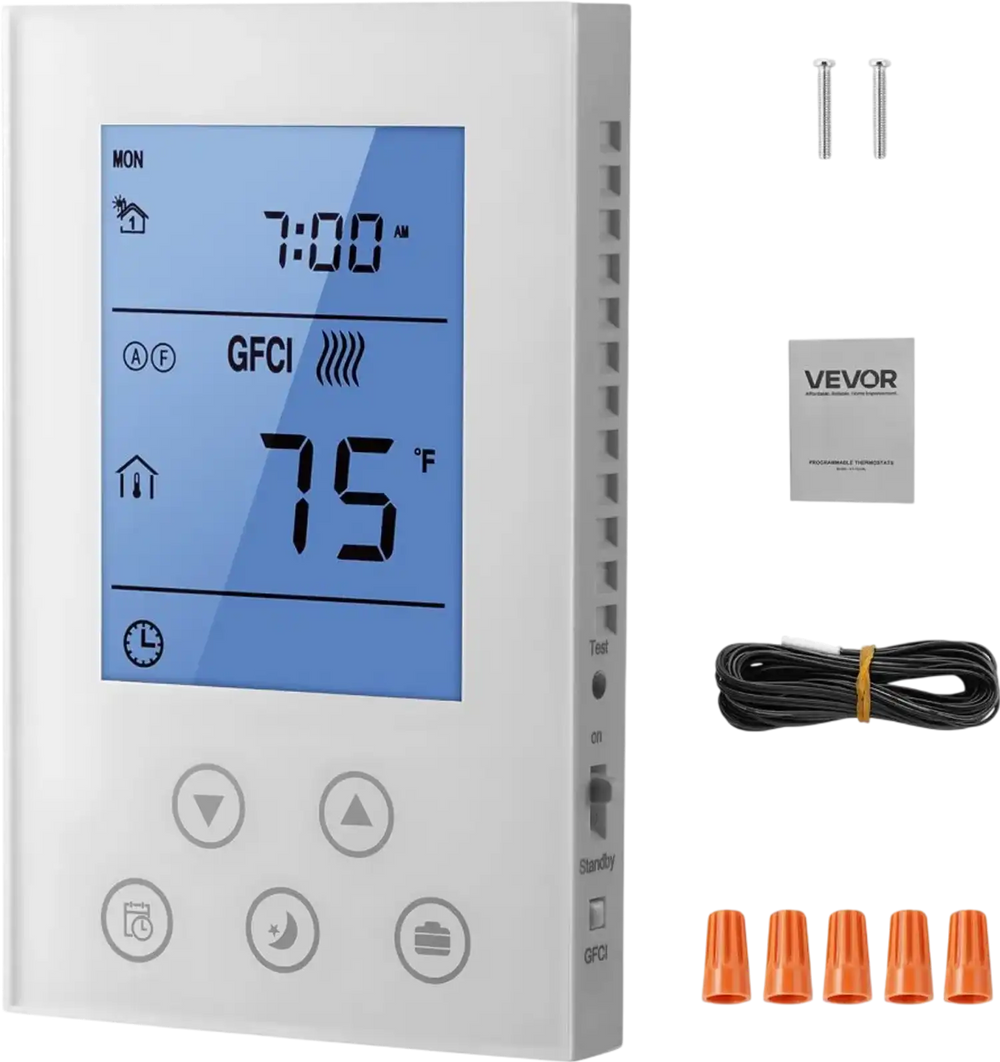 VEVOR 7-Day Programmable Thermostat, Home Thermostats for Radiant Underfloor Heating Cable,Heat Pump, Built-in GFCI & Sensitive Sensor, LED Screen with Backlight,Energy-Efficient,White