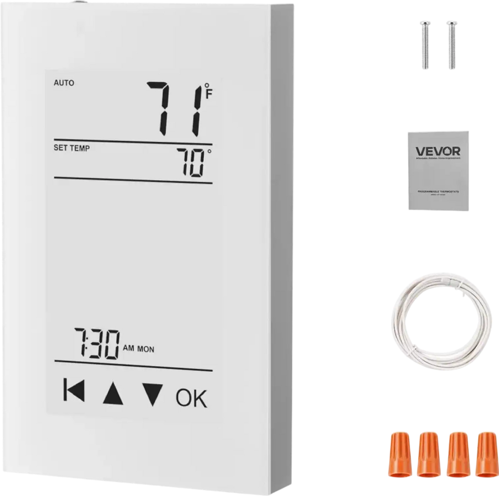 VEVOR 7-Day Programmable Thermostat, Home Thermostats for Radiant Underfloor Heating Cable, Heat Pump, with GFCI & Sensitive Sensor, LCD Touchscreen, Energy-Efficient, Gray-White  (Without Wifi)