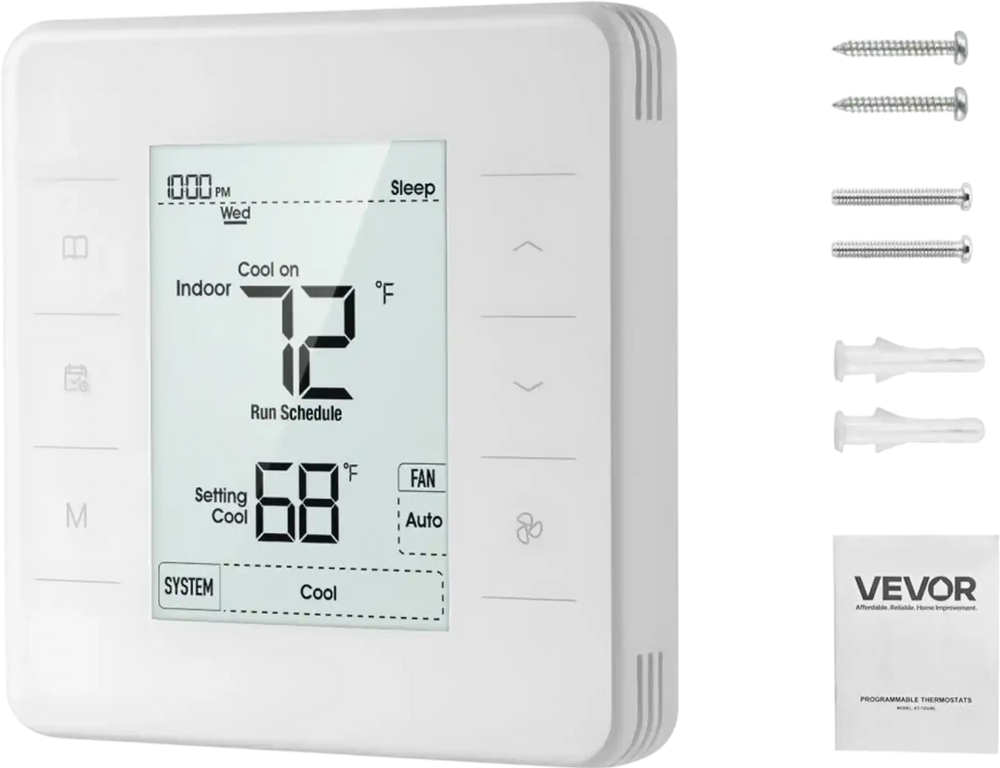 VEVOR 7-Day Programmable Thermostat, Home Thermostats for Heat Pump,Air Conditioner,Underfloor Heating, LED Screen with Backlight & 1Cool+1Heat,Energy-Efficient,Wide Temp Range,White