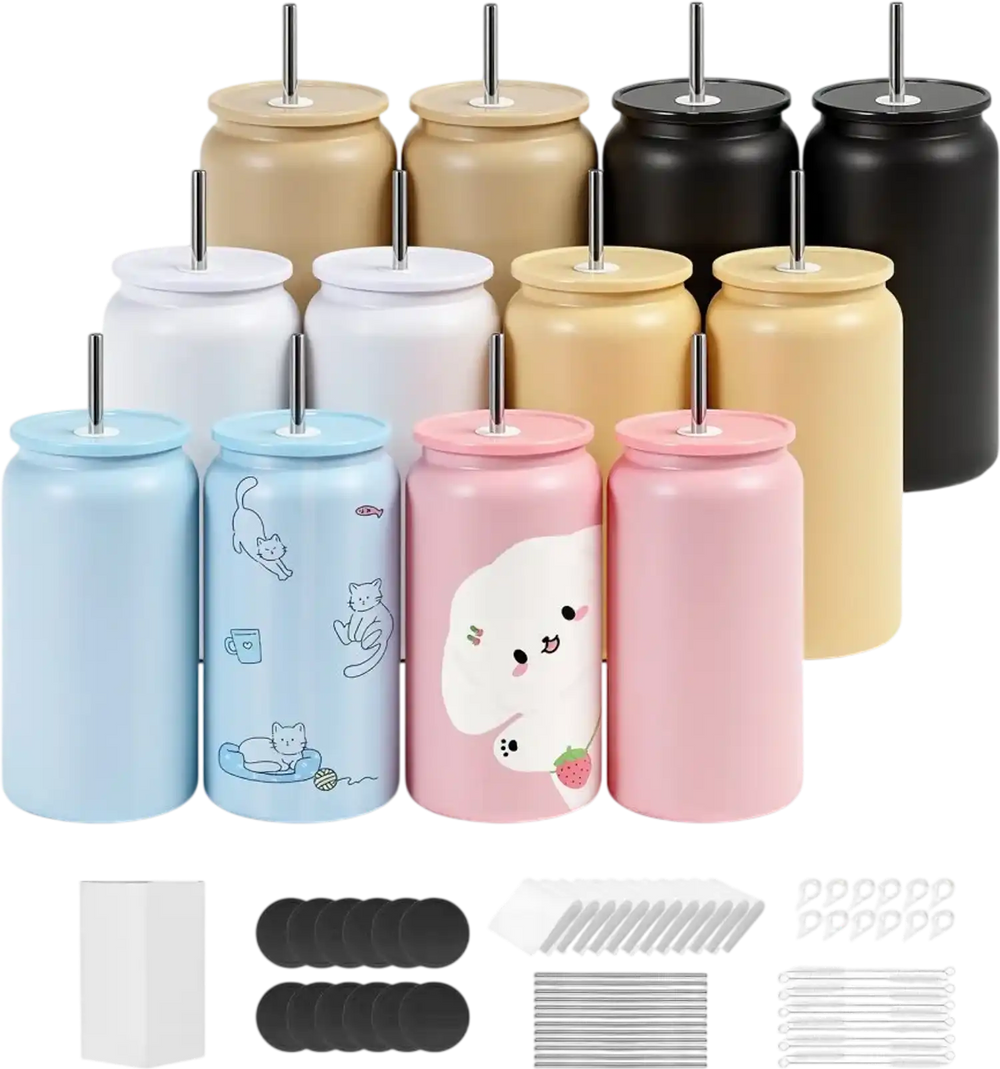 VEVOR Sublimation Tumblers, 12 Pack, 16 oz Multicolored Tumblers Bulk, Stainless Steel Sublimation Cups with Lids and Straws, Double Wall Insulated Tumbler Blank, for DIY Personalized Customization