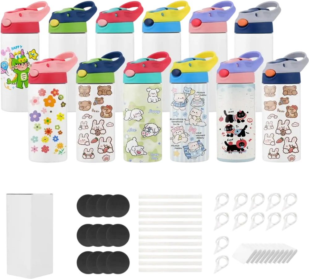 VEVOR Sublimation Tumblers, 12 Pack, 12 oz Kids Sublimation Water Bottles, Food-Grade Stainless Steel Cups with Lids and Straws, Double Wall Insulated Tumbler Blank, for DIY Personalized Customization