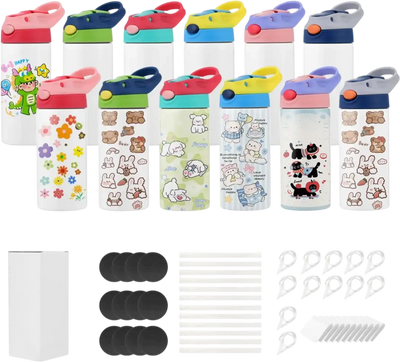 VEVOR Sublimation Tumblers, 12 Pack, 12 oz Kids Sublimation Water Bottles, Food-Grade Stainless Steel Cups with Lids and Straws, Double Wall Insulated Tumbler Blank, for DIY Personalized Customization