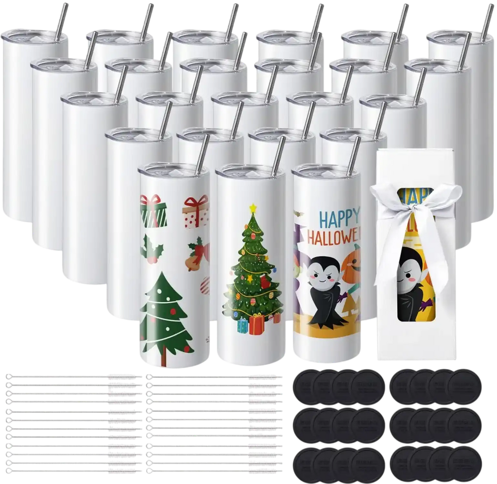 VEVOR 24 Pack Sublimation Tumblers 20oz Skinny Straight, Stainless Steel Sublimation Tumblers Blank, Stainless Steel Double Wall Tumbler for Heat Transfer Customized Gifts with Lid and Straw, Gift Box