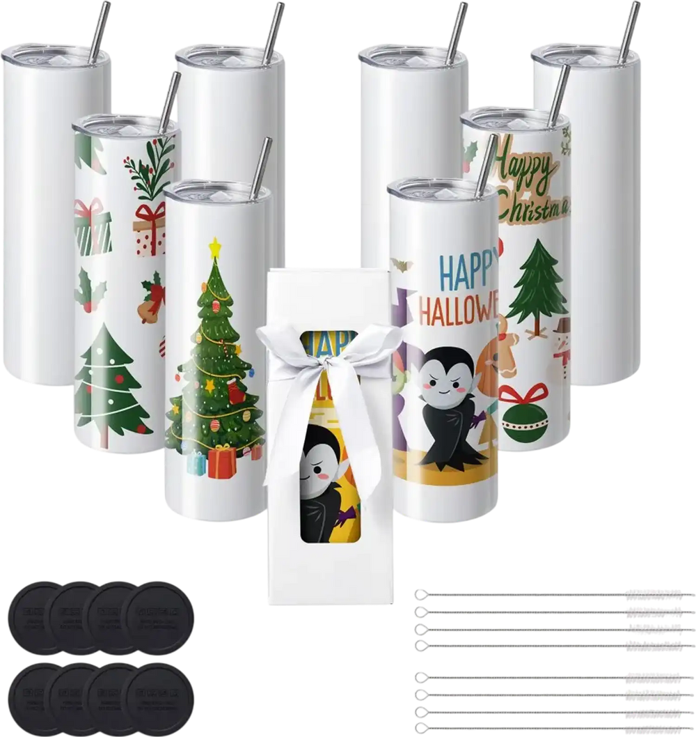 VEVOR 8 Pack 30 Oz Sublimation Tumblers, Skinny Straight Stainless Steel Blanks Cups, Stainless Steel Double Wall Tumbler for Heat Transfer Customized Gifts with Lid and Straw, Gift Box
