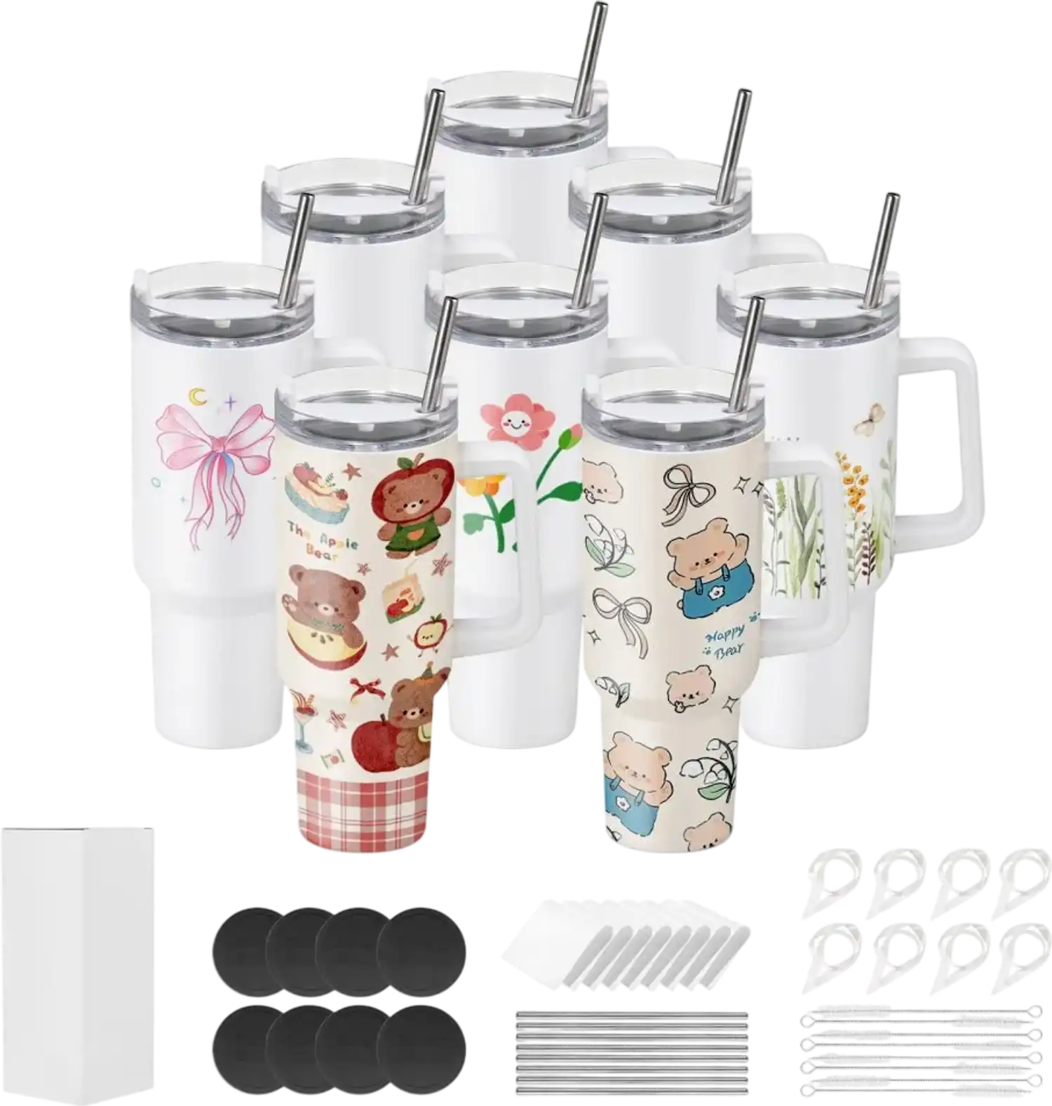 Vevor Tumblers 40 oz Sublimation Stainless Steel Blank Tumbler Set with Handle 8-Pack New
