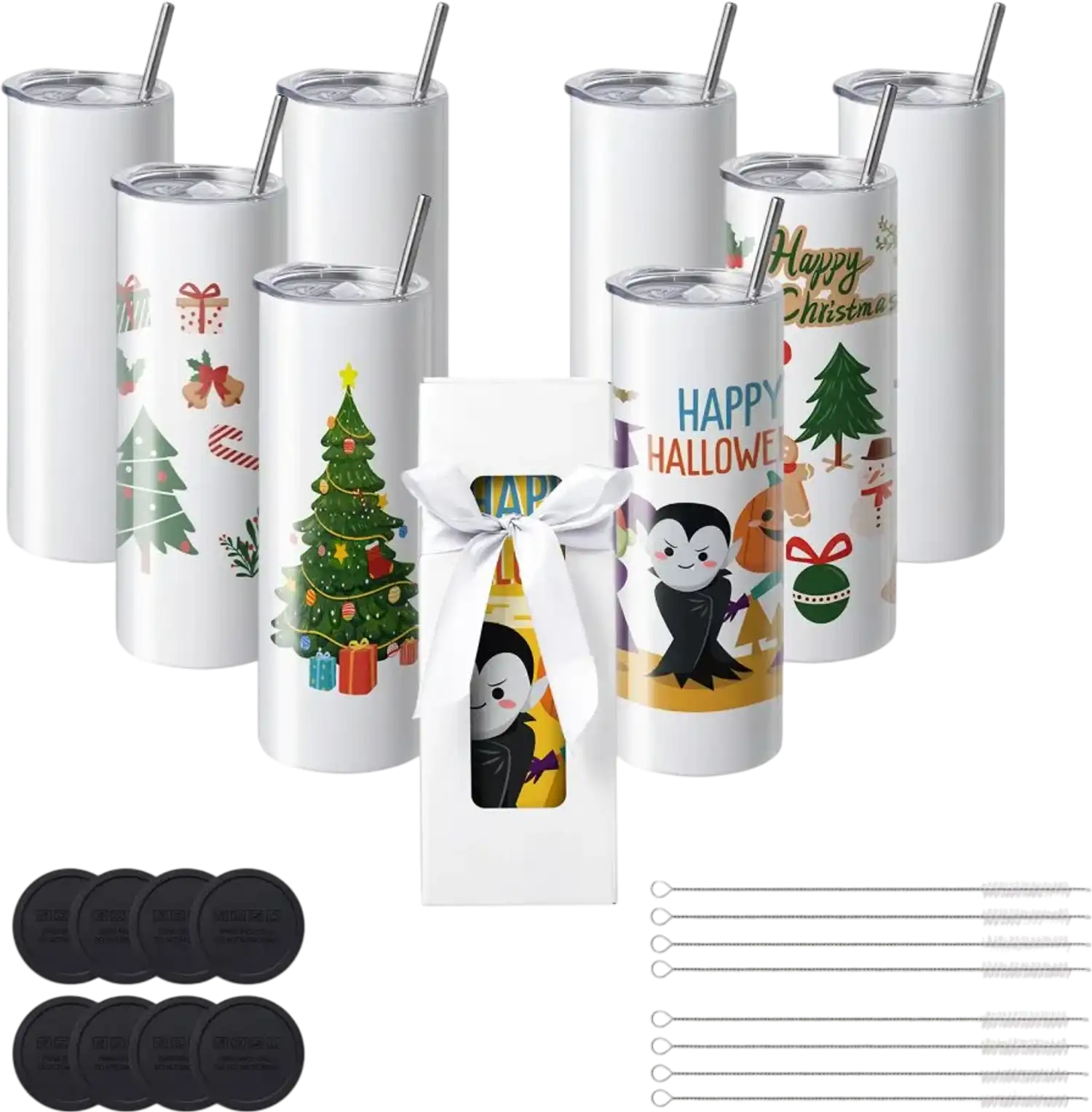 Vevor Tumblers 8-Pack 20 oz Straight Sublimation Stainless Steel Double-Wall Blank with Lid and Straw New