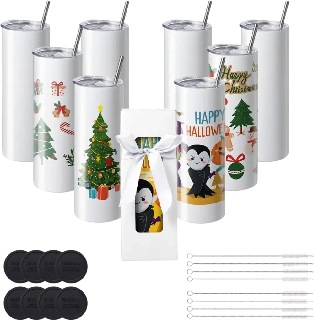 VEVOR 8 Pack Sublimation Tumblers 20 Oz Skinny Straight, Stainless Steel Sublimation Tumblers Blank, Stainless Steel Double Wall Tumbler for Heat Transfer Customized Gifts with Lid and Straw, Gift Box