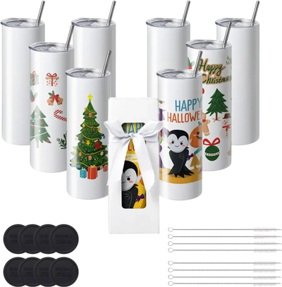 Vevor Tumblers 8-Pack 20 oz Straight Sublimation Stainless Steel Double-Wall Blank with Lid and Straw New