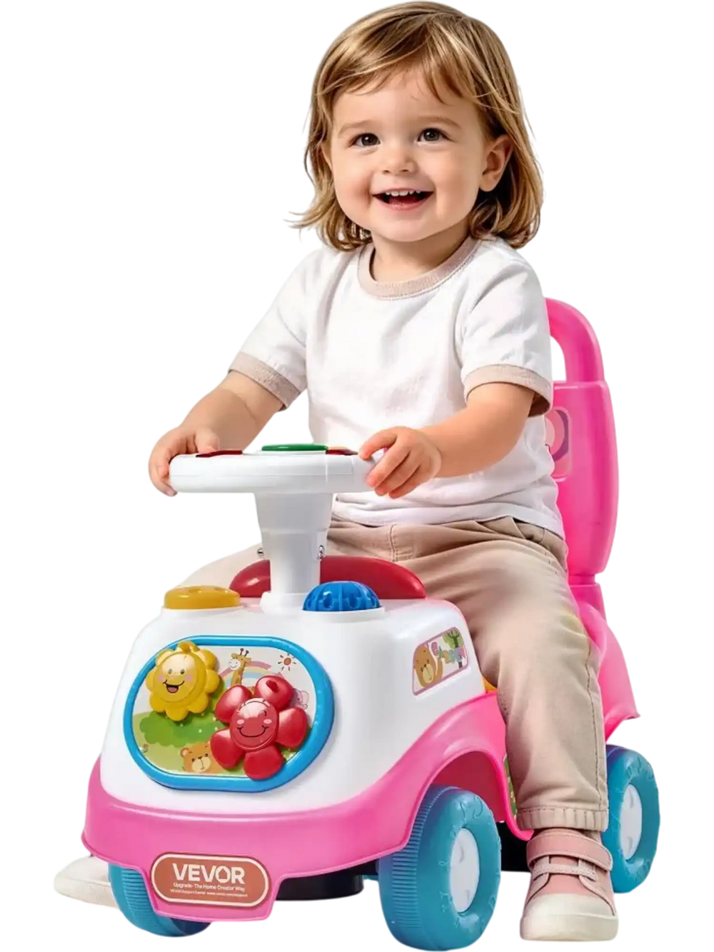 VEVOR Ride On Push Car for Toddlers Ages 19+ Months Sit-to-Stand Ride Toy, Kids Ride On Car for Boys Girls, Music Steering Wheel, Horn, Under-Seat Storage, Detachable Back,Indoor Outdoor Play, Pink
