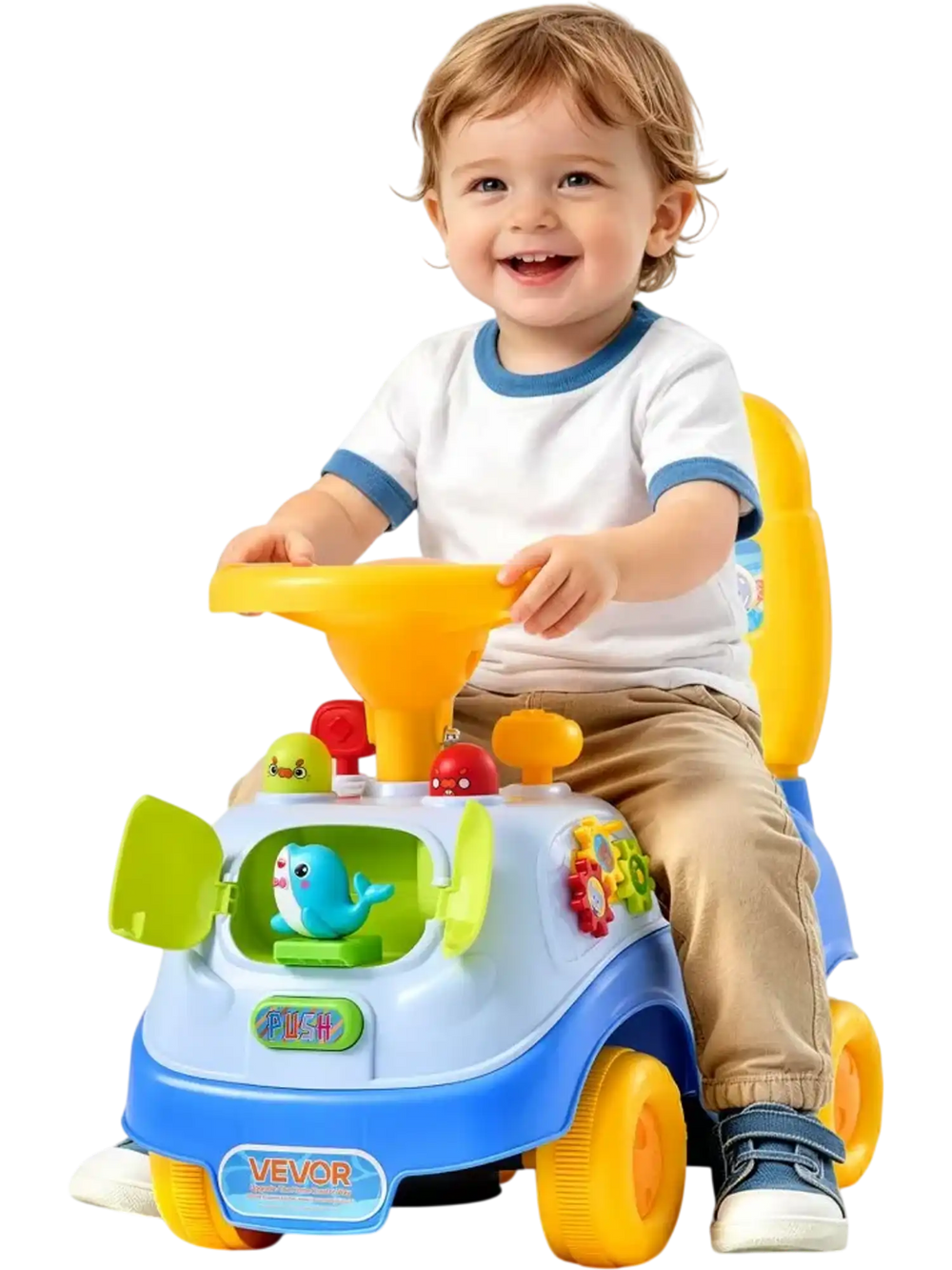 VEVOR Ride On Push Car for Toddlers Ages 19+ Months Sit-to-Stand Ride Toy, Kids Ride On Car for Boys Girls, Music Steering Wheel, Horn, Under-Seat Storage, Detachable Back, Indoor Outdoor Play, Blue