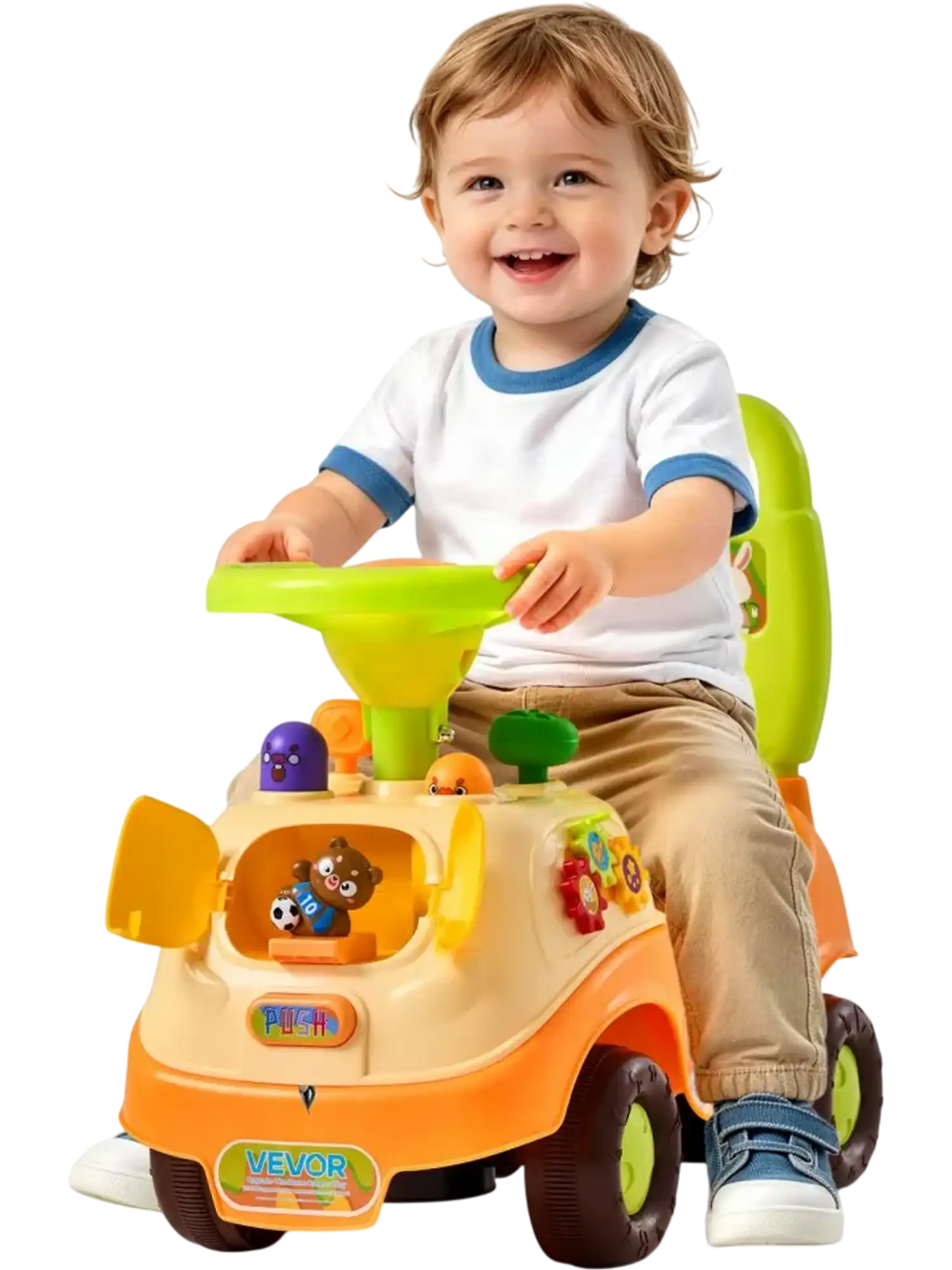 VEVOR Ride On Push Car for Toddlers Ages 19+ Months Sit-to-Stand Ride Toy, Kids Ride On Car for Boys Girls, Music Steering Wheel, Horn, Under-Seat Storage, Detachable Back,Indoor Outdoor Play,Yellow