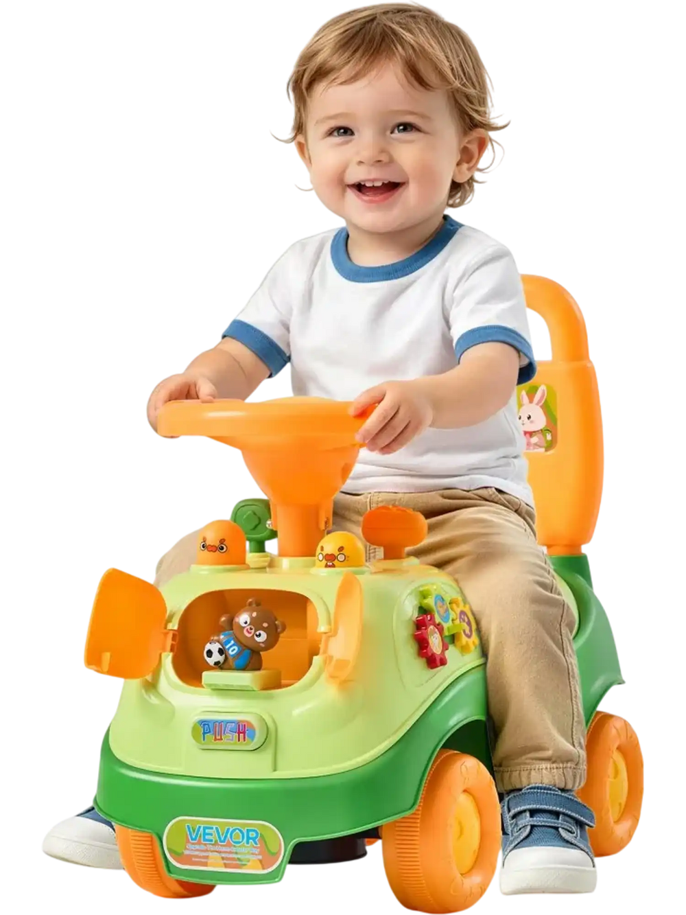 VEVOR Ride On Push Car for Toddlers Ages 19+ Months Sit-to-Stand Ride Toy, Kids Ride On Car for Boys Girls, Music Steering Wheel, Horn, Under-Seat Storage, Detachable Back, Indoor Outdoor Play,Green