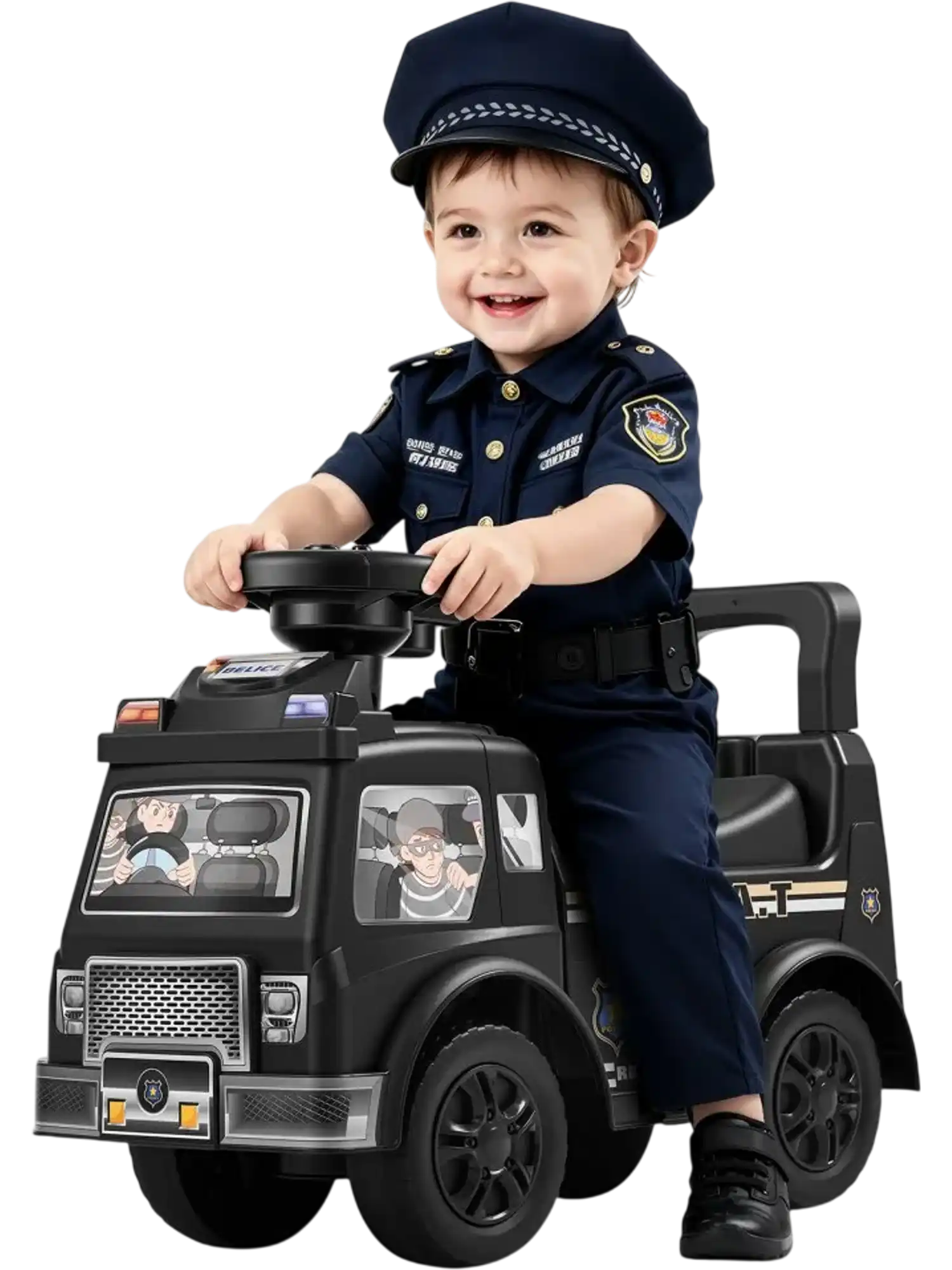 Vevor Ride-On Push Car Police Car for Toddlers with Music Steering Wheel Horn Storage Black New