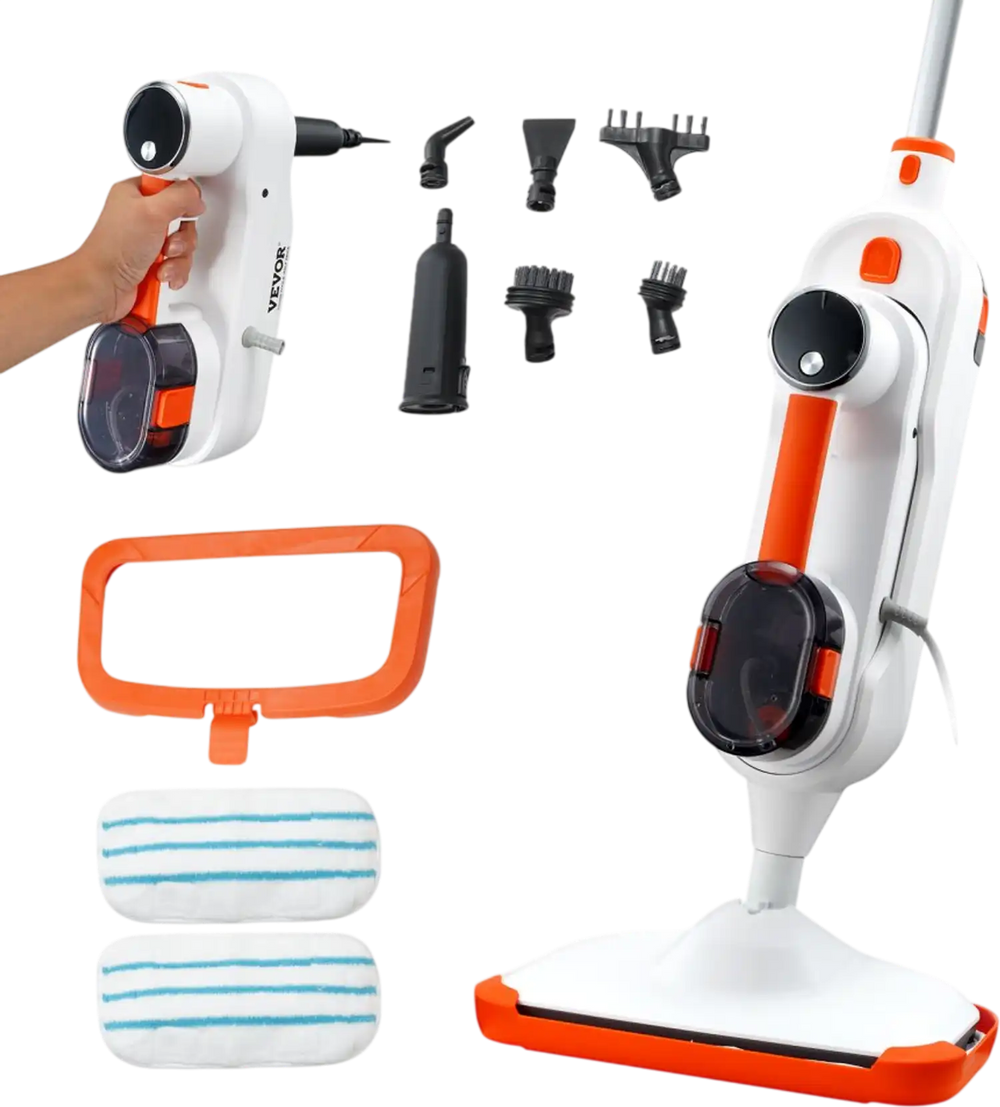 VEVOR Steam Mop, 8-in-1 Hard Wood Floor Cleaner with 7 Replaceable Brush Heads, for Various Hard Floors, Like Ceramic, Granite, Marble, Linoleum, Natural Floor Mop with 2 pcs Machine Washable Pads