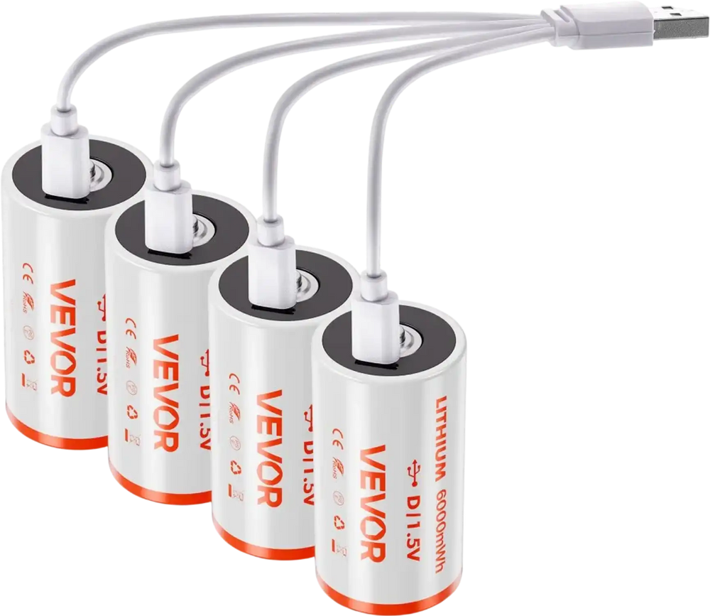 VEVOR Rechargeable D Batteries, 4 Pack, 1.5V 6000mWh Lithium D Battery with 4 in 1 USB-C Charge Cable, Recharge Up to 1000+ Cycles, Lithium-ion D Cell Batteries for Flashlights, Floodlight, Toys