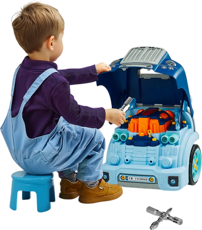 VEVOR Engine Toy, 60 Pieces, Kids Mechanic Car Repair Set with Removable Parts, Lights and Sounds, Steering Wheel and Horn, Kids Mechanic Workshop Set for Toddler Ages 3 Years and Up, Blue