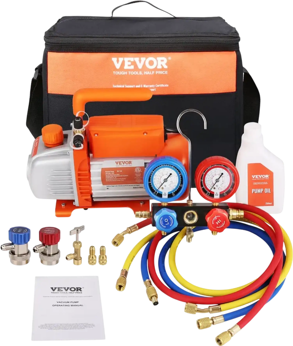 VEVOR 1/4 HP 4 CFM AC Vacuum Pump and Gauge Set, Single Stage Rotary Vane HVAC Air Vacuum Pump A/C Refrigerant Kit Manifold Gauge Set, with Three-Color Hose Carry Bag, Applicable to R134a, R410a