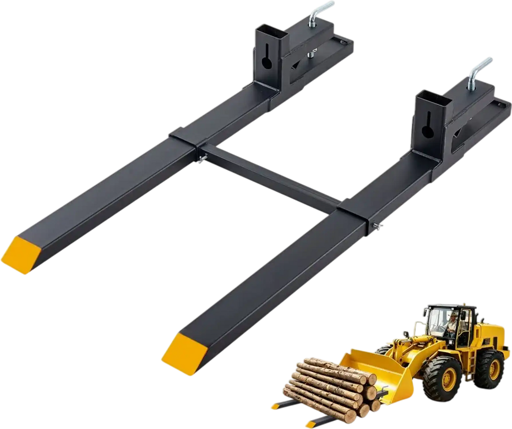 VEVOR Pallet Forks 4000 lbs Clamp-On Pallet Forks, 60 in Length Yellow Tips, for Tractor Attachments, Skid Steer & Loader Bucket, Adjustable Stabilizer Bar, Heavy-Duty Reinforced Tractor Bucket Fork