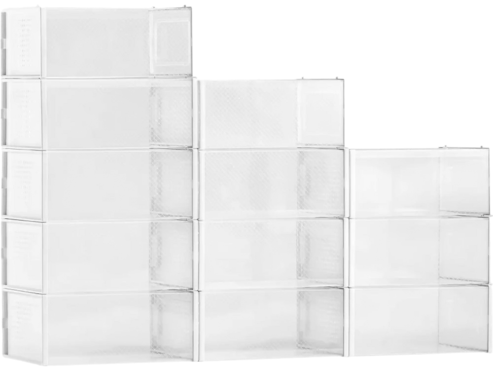 VEVOR Shoe Storage Boxes, 12 Pack Stackable Shoe Boxes Storage Organizers, Fit up to US Size 11, Plastic Modular Space Saving Sneaker Containers for Storing High Heels, Boots, and Hats, White Frame