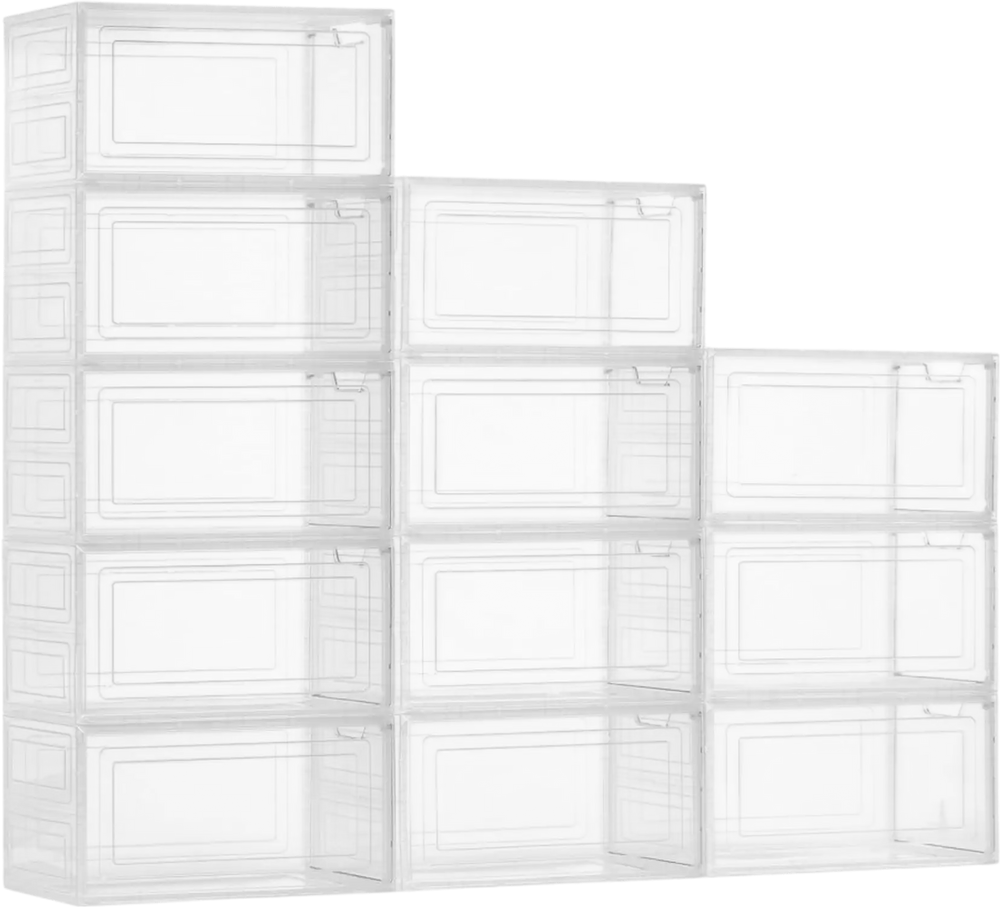 VEVOR Shoe Storage Boxes, 12 Pack Clear Stackable Shoe Boxes Storage Organizers with Magnetic Door, Fit up to US Size 13, Plastic Sneaker Containers for High Heels, Boots, and Hats, Transparent White
