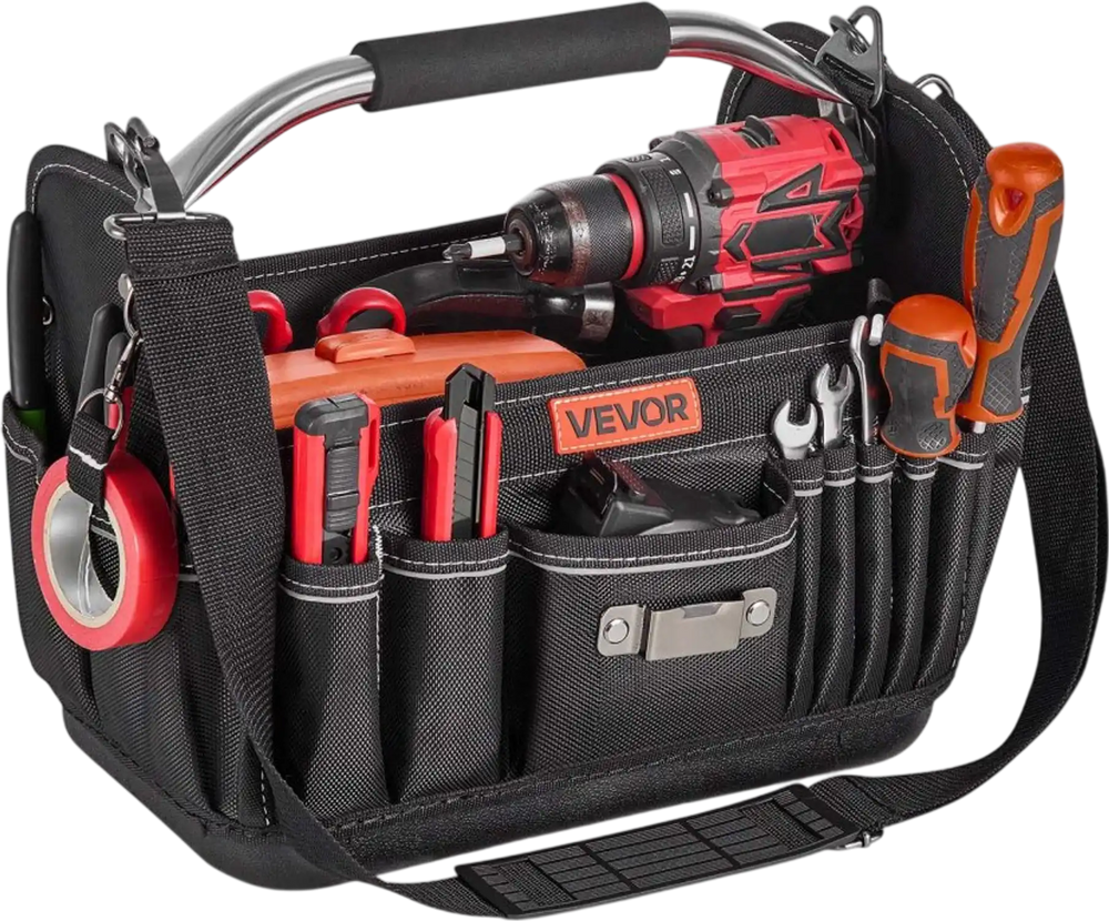 VEVOR Tool Bag, 13 Inch, 33-Pocket Open Top Tool Tote, Portable Electrical Maintenance Toolbox Organizer Storage with Hard Plastic Base, Adjustable Shoulder Strap, for Professionals DIY & Jobsite Use