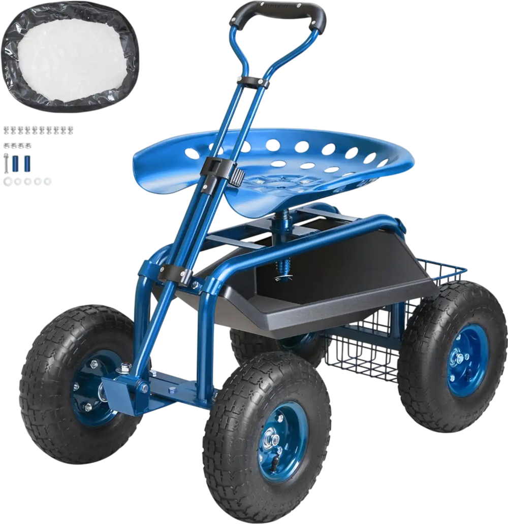 VEVOR Garden Cart Rolling Workseat with Wheels, Gardening Stool for Planting, 360 Degree Swivel Seat, Wagon Scooter with Steering Handle & Utility Tool Tray, Use for Patio, Yard, and Outdoors, Blue
