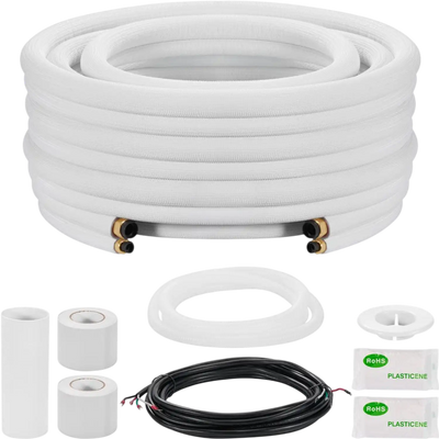VEVOR 50ft Mini Split Line Set, 1/4” & 1/2” OD AC Copper Tubing Pipe, 3/8 White PE Thickened Insulated Coil with Flared Nuts, Rich Fittings, for Mini Split Air Conditioner HVAC or Heat Pump System