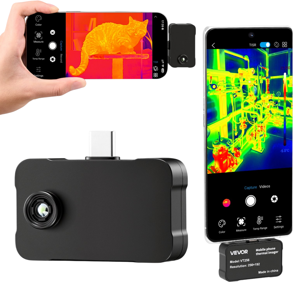 VEVOR Thermal Imaging Camera for Android & iOS, 512 x 384 Super Resolution, 25HZ Refresh Rate Infrared Thermal Imager for Smartphones Tablets, 256 x 192 IR Resolution, -4°F-1022°F & 6 Color Palettes