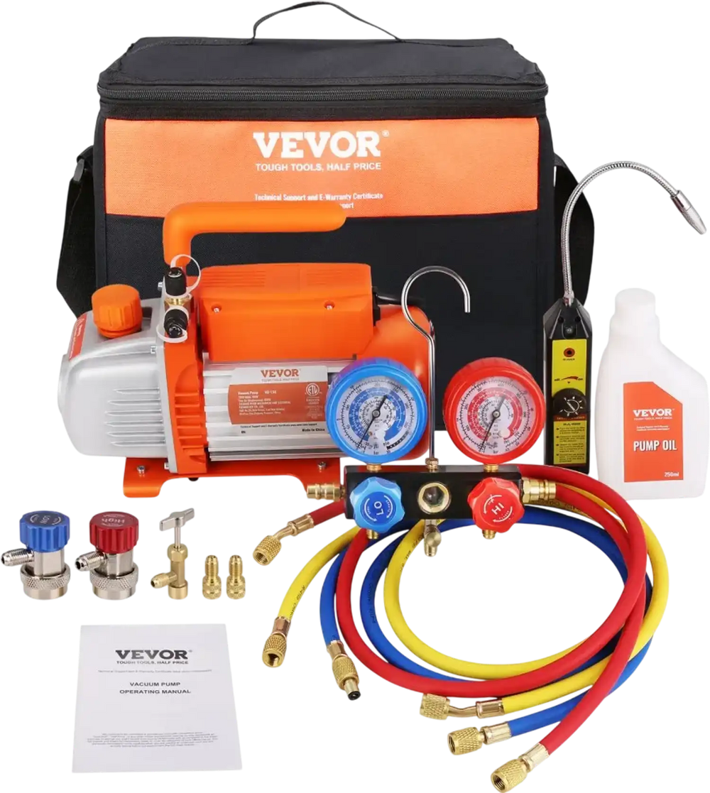 VEVOR 1/4 HP 4.5 CFM AC Vacuum Pump and Gauge Set, Single Stage Rotary Vane HVAC Air Vacuum Pump A/C Refrigerant Kit Manifold Gauge Set, with Three-Color Hose Carry Bag, Applicable to R134a, R410a