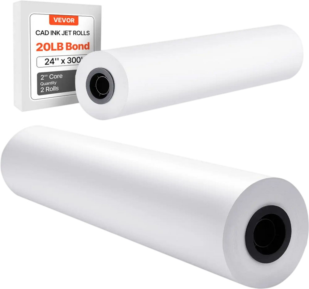 VEVOR Wide Format Paper, 24 in x 300 ft Plotter Roll, 2 Rolls CAD Bond Rolls with 2 in Core, 20 LB Bond Paper Rolls, Ideal for CAD Drawings, Engineering Plans, GIS Maps, and Architectural Designs