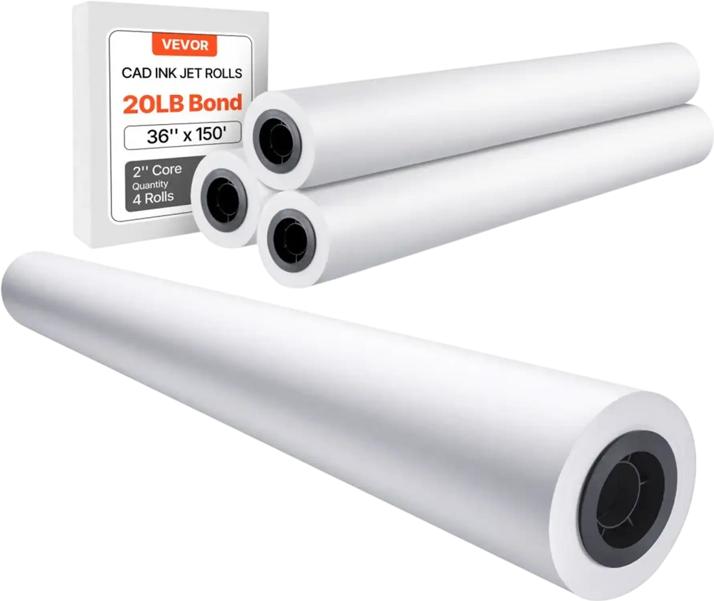 VEVOR Wide Format Paper, 36 in x 150 ft Plotter Paper, 4 Rolls CAD Bond Rolls with 2 in Core, 20 LB Bond Paper Rolls, Idea for CAD Drawings, Engineering Plans, GIS Maps & Architectural Designs