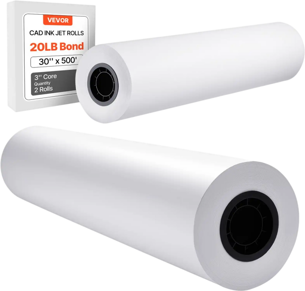 VEVOR Wide Format Paper, 30 in x 500 ft Plotter Roll, 2 Rolls CAD Bond Rolls with 3 in Core, 20 LB Bond Paper Rolls, Ideal for CAD Drawings, Engineering Plans, GIS Maps, and Architectural Designs