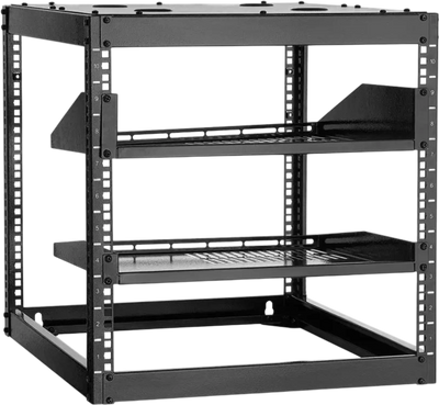 VEVOR 10U Open Frame Network Rack, 23 in Depth, Wall Mounted or Floor Standing Server Rack, Heavy Duty 4 Post, with Vented Shelves & Mounting Hardware, Holds All Your Networking IT Equipment AV Gear