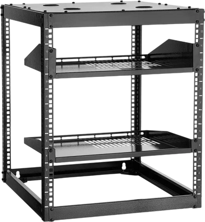 VEVOR 12U Open Frame Network Rack, 23 in Depth, Wall Mounted or Floor Standing Server Rack, Heavy Duty 4 Post, with Vented Shelves & Mounting Hardware, Holds All Your Networking IT Equipment AV Gear