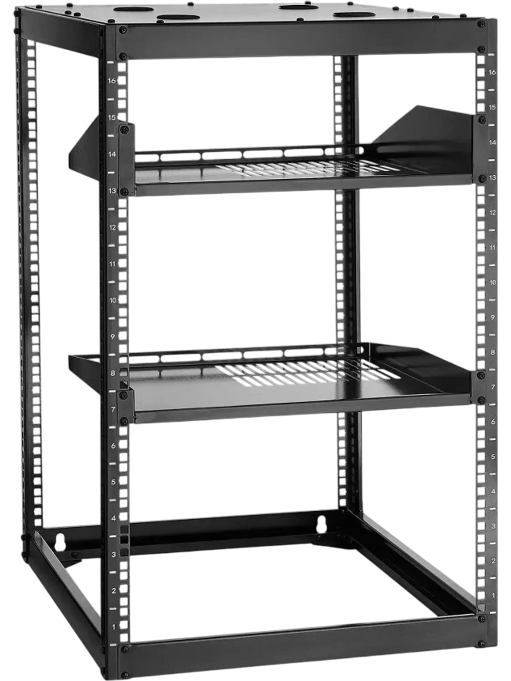 VEVOR 16U Open Frame Network Rack, 23 in Depth, Wall Mounted or Floor Standing Server Rack, Heavy Duty 4 Post, with Vented Shelves & Mounting Hardware, Holds All Your Networking IT Equipment AV Gear